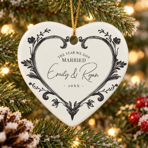 Personalized Our First Married Christmas Heart Ceramic Ornament