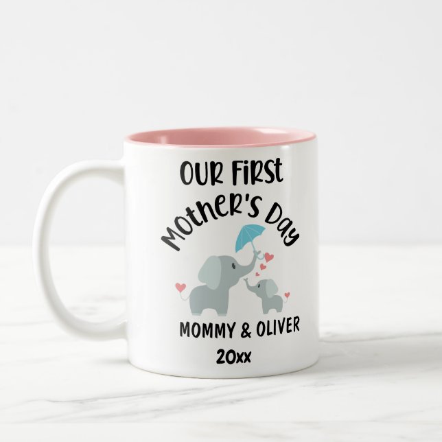 Personalized Our First Mother's Day Elephants 2023 Two-Tone Coffee Mug (Left)