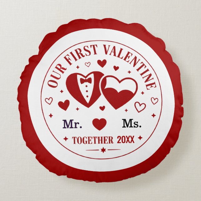 Personalized "Our First Valentine" Mr. & Ms.  Round Pillow (Front)