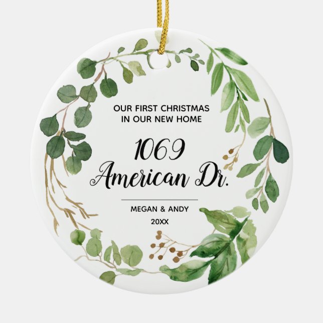 Personalized Our New Home greenery Christmas Ceramic Ornament (Front)