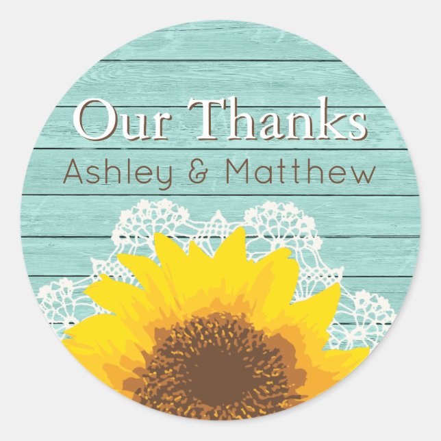 Personalized Our Thanks Sunflower & Lace Classic Round Sticker (Front)