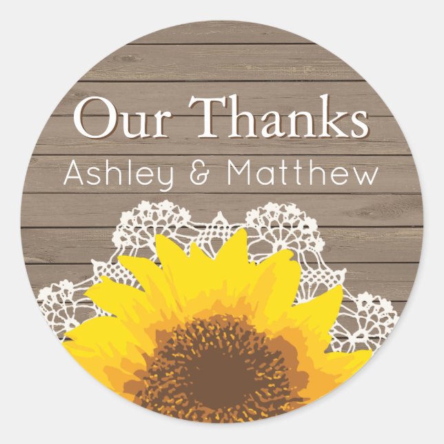 Personalized Our Thanks Sunflower & Lace Classic Round Sticker (Front)