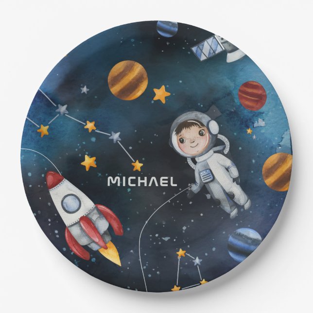 Personalized Outer Space Astronaut Shuttle Travel Paper Plate (Front)