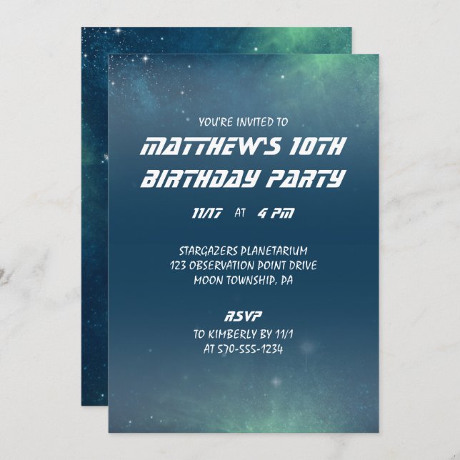 Personalized Outer Space Sky Blue and Green Party Invitation (Front/Back)