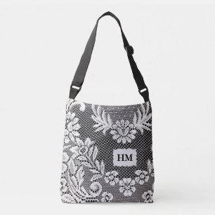 Personalized Over-all Floral Lace B&W Tote Bag