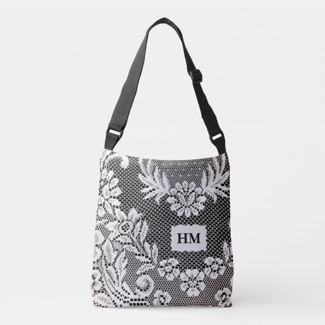 Personalized Over-all Floral Lace B&W Tote Bag (Front)