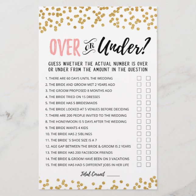 Personalized Over or Under Bridal Shower game (Front)