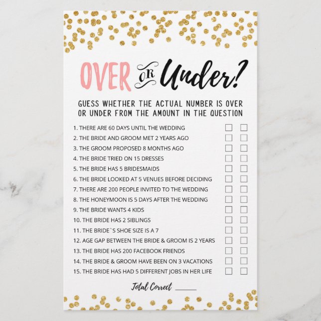 Personalized Over or Under Bridal Shower game (Front)