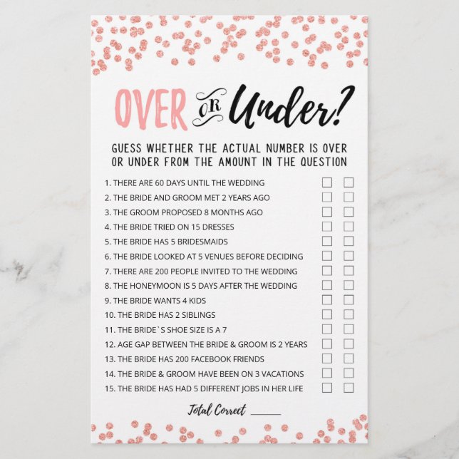 Personalized Over or Under Bridal Shower game (Front)