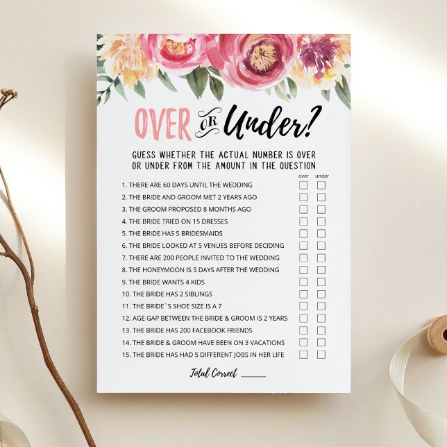 Personalized Over or Under Bridal Shower game Card (Creator Uploaded)