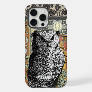 Personalized Owl Art Nouveau Floral iPhone 15 Pro Max Case