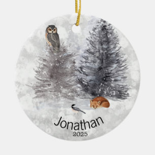 Personalized Owl Bird Fox Winter Cabin Ceramic Ornament