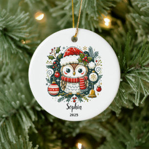 Personalized Owl Christmas Ornament, Boho Owl Gift Ceramic Ornament