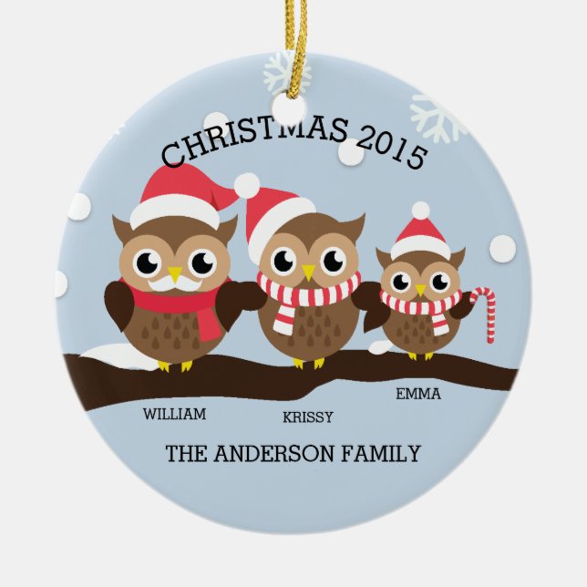 Personalized Owl Family Of 3 Christmas Ceramic Ornament (Front)
