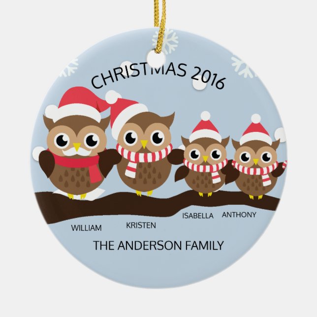 Personalized Owl Family Of 4 Christmas Ceramic Ornament (Front)