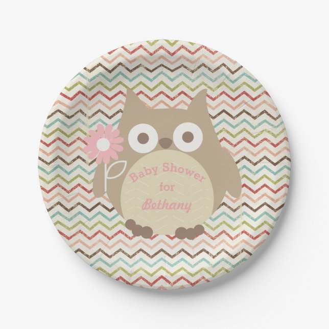 Personalized Owl Girl Baby Shower Colourful Paper Plate (Front)
