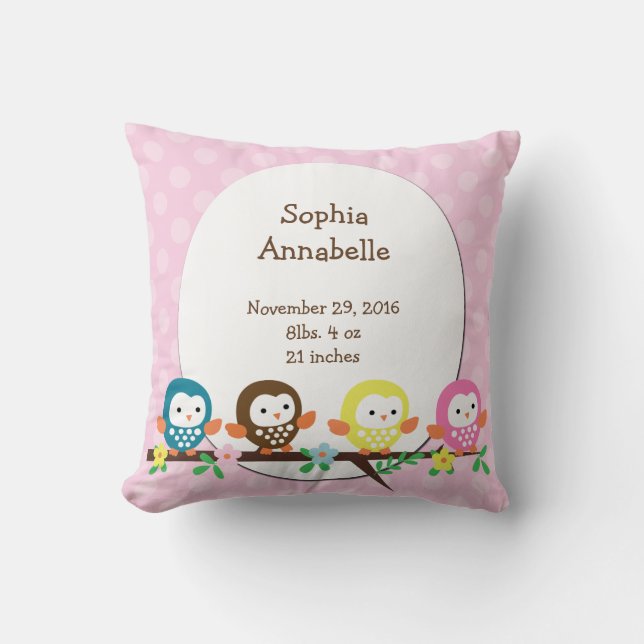 Personalized Owls on Branch Polka Dot Pillow (Front)