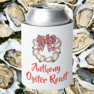 Personalized Oyster Roast Wreath Plaid Ribbon Whit Can Cooler