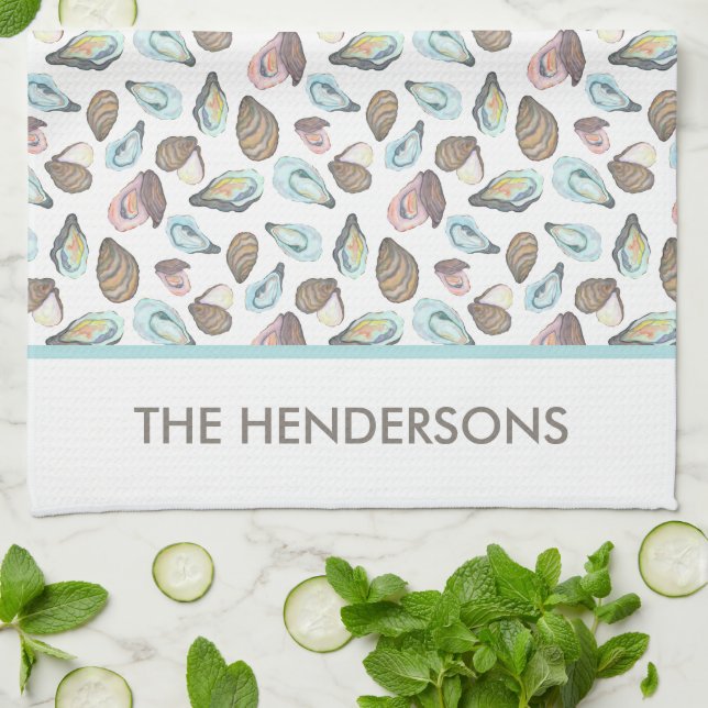 Personalized Oyster Tea Towel, Family Name Kitchen Towel (Folded)