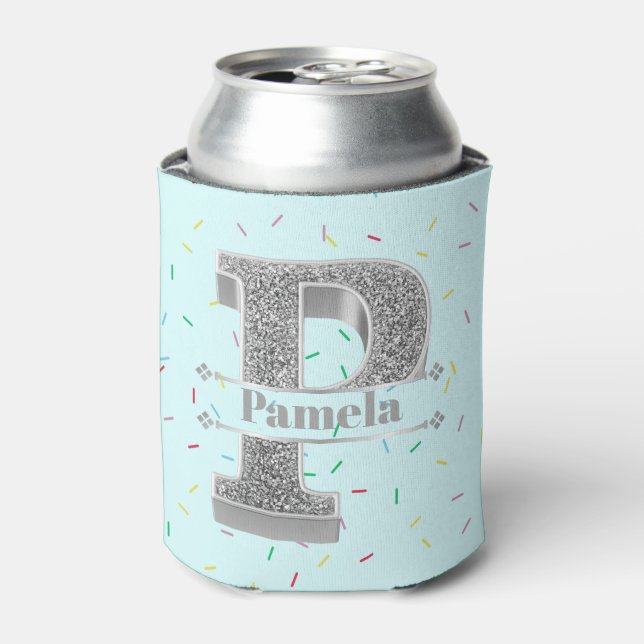 Personalized P Initial Silver Monogram Your Name Can Cooler (Can Front)