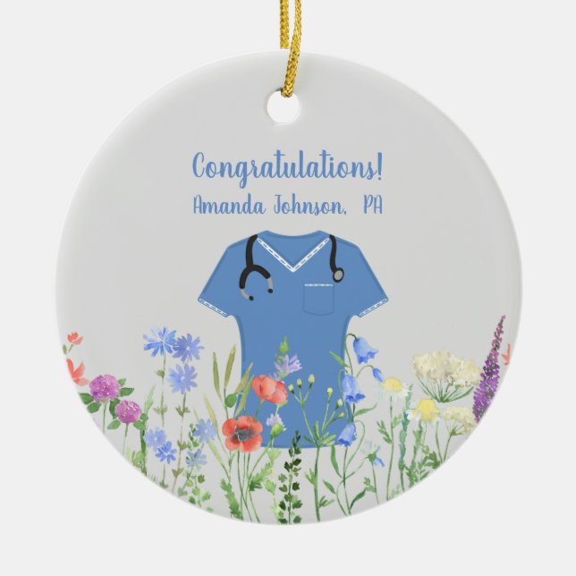 Personalized PA Physician Assistant Blue Scrubs Ceramic Ornament (Front)