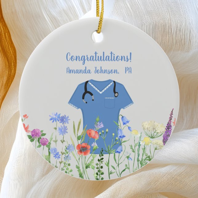 Personalized PA Physician Assistant Blue Scrubs Ceramic Ornament (Creator Uploaded)