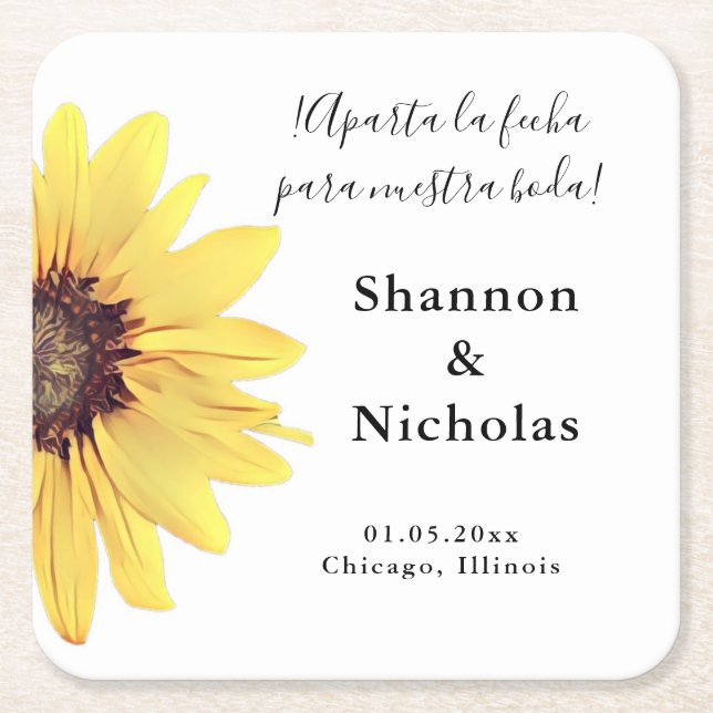 Personalized Painted Sunflower Aparta la Fecha Square Paper Coaster (Front)
