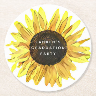 Personalized Painted Sunflower Graduation Party Round Paper Coaster