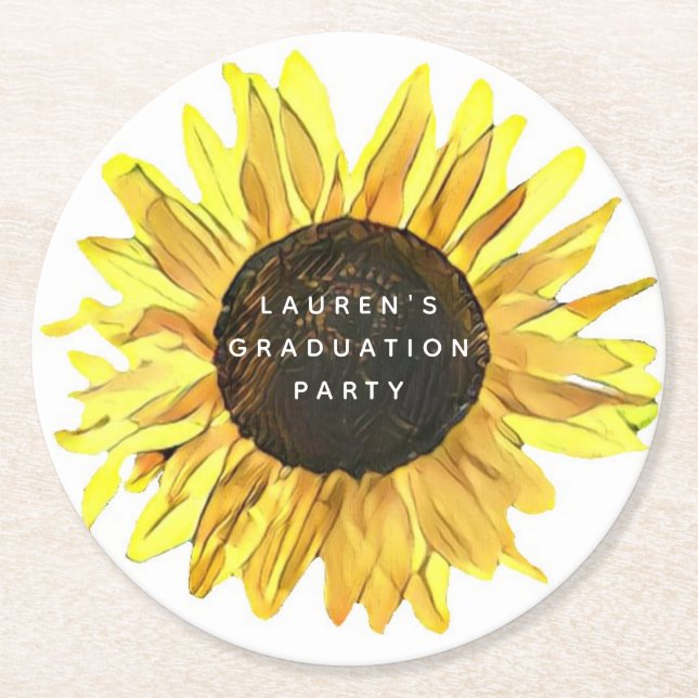 Personalized Painted Sunflower Graduation Party Round Paper Coaster (Front)