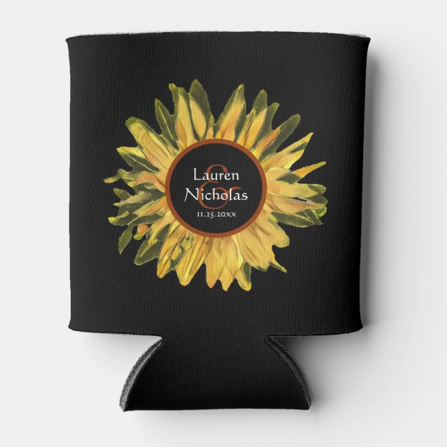 Personalized Painted Sunflower Wedding Can Cooler (Front)