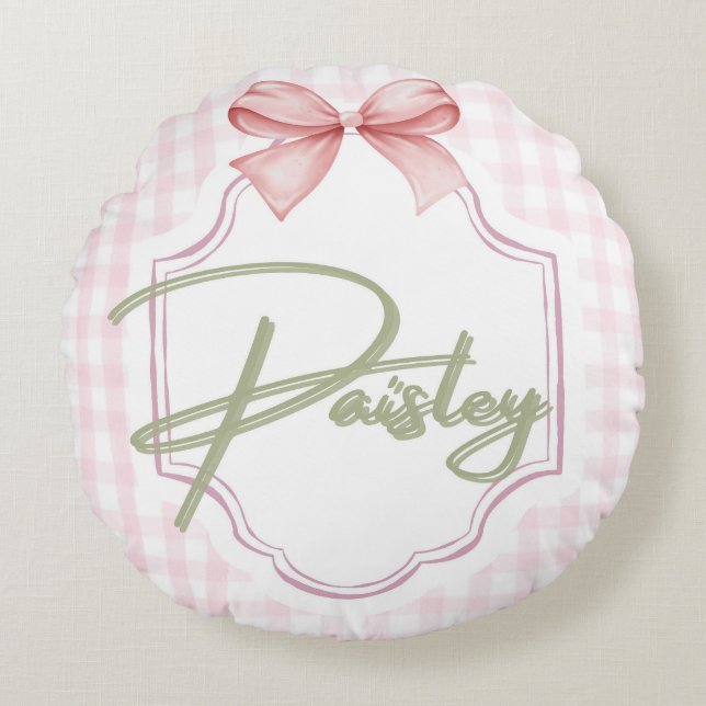 Personalized Paisley Baby Girl Nursery Gingham  Round Pillow (Front)