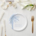 Personalized pale blue beach wedding party plates<br><div class="desc">Personalized pale blue beach wedding paper party plates with exotic palm tree design. Neutral tone colors. Trendy paper plates for tropical destination or summer marriages. Elegant template design with beautiful silhouette of exotic palm tree leaves. Custom marriage accessories and disposable party supplies for classy bride and groom couple. Add your...</div>
