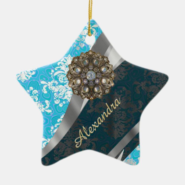 Personalized pale blue pretty girly damask pattern ceramic ornament (Front)