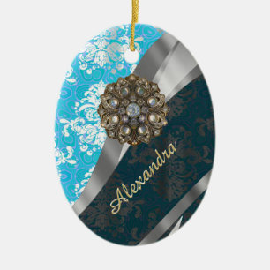 Personalized pale blue pretty girly damask pattern ceramic ornament