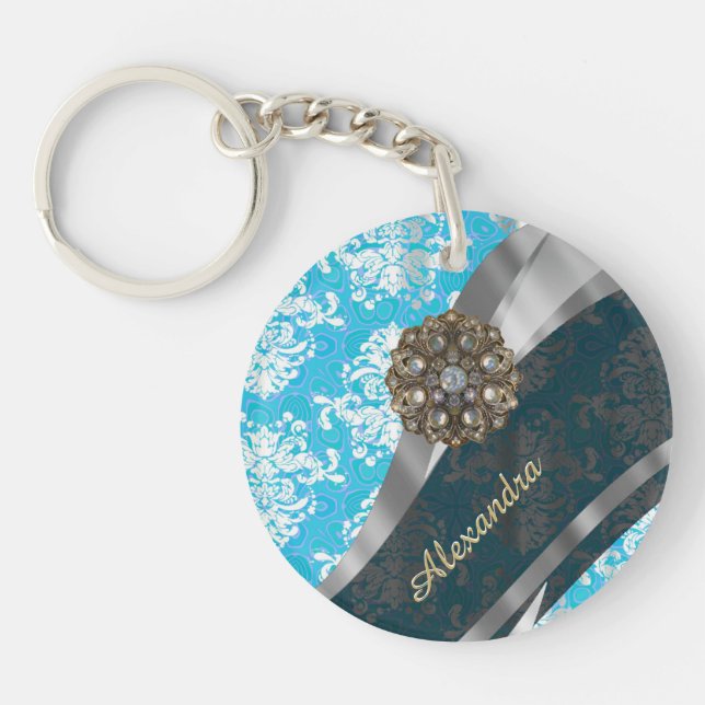 Personalized pale blue pretty girly damask pattern keychain (Front)