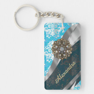 Personalized pale blue pretty girly damask pattern keychain