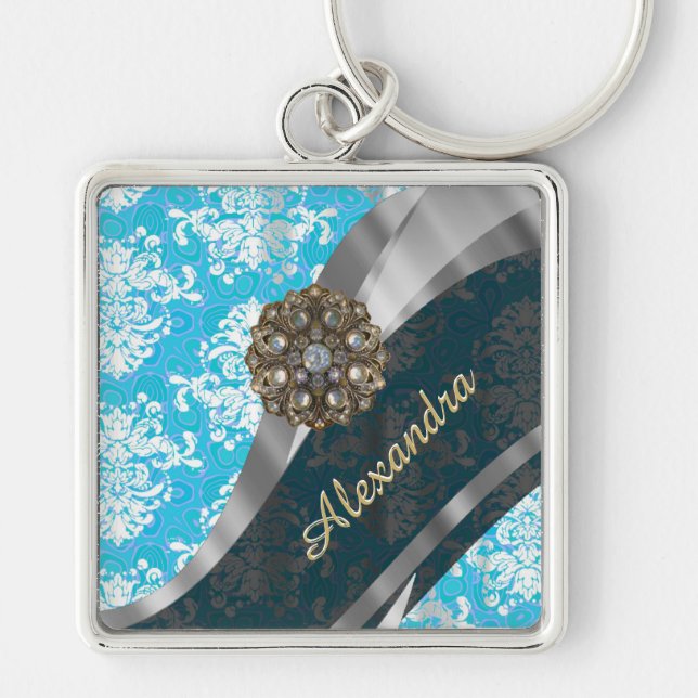 Personalized pale blue pretty girly damask pattern keychain (Front)