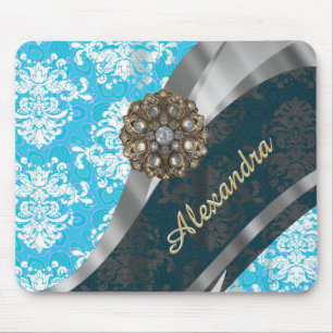 Personalized pale blue pretty girly damask pattern mouse pad