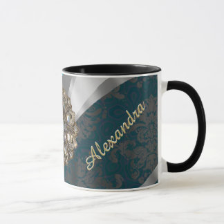 Personalized pale blue pretty girly damask pattern mug