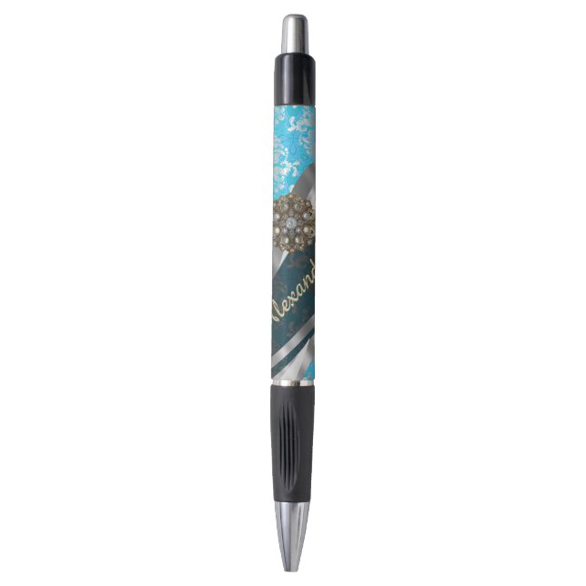 Personalized pale blue pretty girly damask pattern pen (Front Vertical)