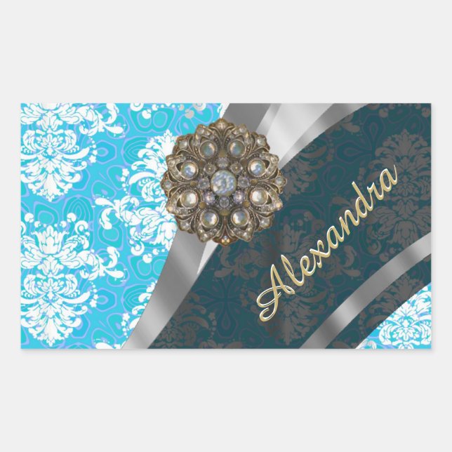 Personalized pale blue pretty girly damask pattern sticker (Front)