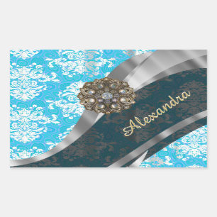 Personalized pale blue pretty girly damask pattern sticker