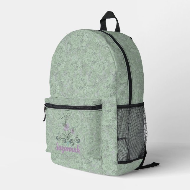 Personalized Pale Green and Lilac Floral Backpack (Back Corner Right)