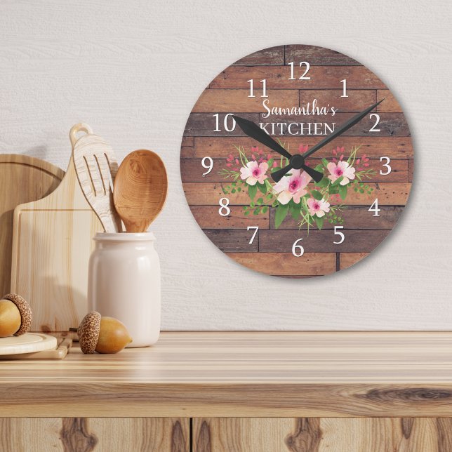 Personalized Pallet Wood And Pink Floral Kitchen Round Clock (Personalized Pallet Wood And Pink Floral Kitchen Round Clock)