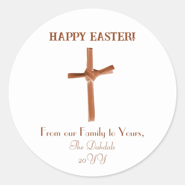 Personalized Palm Cross Happy Easter Cognac White Classic Round Sticker (Front)