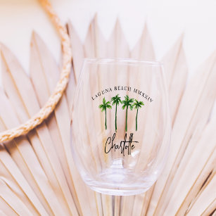 Personalized Palm Tree Bachelorette Party Stemless Wine Glass