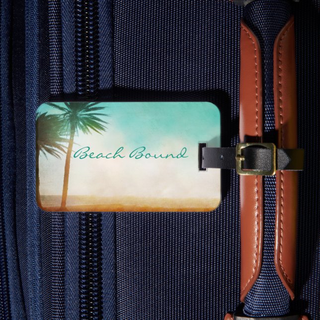 Personalized Palm Tree on Beach Luggage Tag (Front Insitu 4)