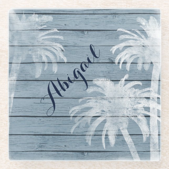 Personalized Palm Trees on Rustic Wood Beach Glass Coaster (Front)