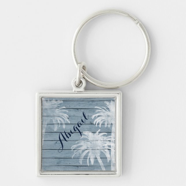 Personalized Palm Trees on Rustic Wood Beach Keychain (Front)