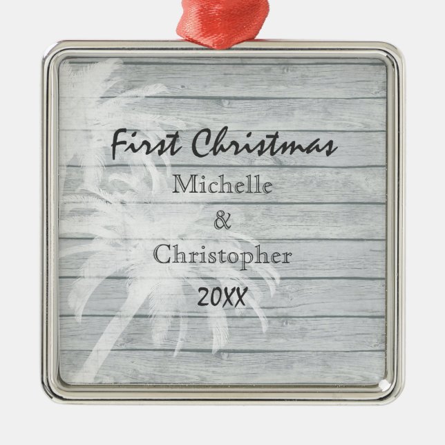 Personalized Palm Trees ~ Wood Beach 1st Christmas Metal Ornament (Front)
